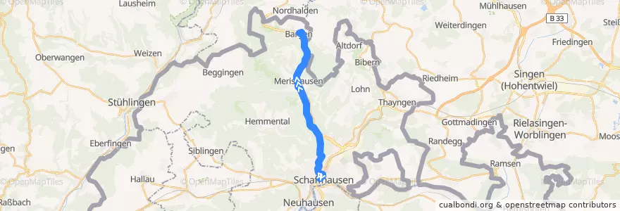 Mapa del recorrido Bus 23: Schaffhausen, Bahnhof => Bargen SH, Dorf de la línea  en Schaffhausen.