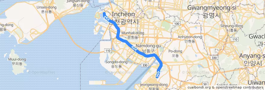 Mapa del recorrido 수도권 전철 수인선: 오이도 → 인천 de la línea  en Incheon.