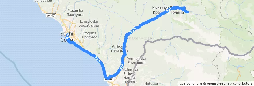 Mapa del recorrido Автобус №105 (Сочи-Красная Поляна) de la línea  en городской округ Сочи.