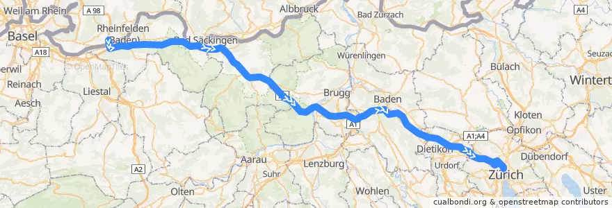 Mapa del recorrido Flixbus 007/033: Hamburg ZOB => Zürich HB de la línea  en Argovie.