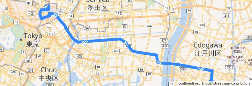 Mapa del recorrido Aki 26 (W->E) de la línea  en Tokyo.