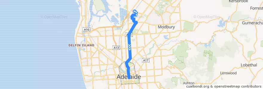 Mapa del recorrido 222 - Mawson Lakes to City (King William Street) de la línea  en Adelaide.