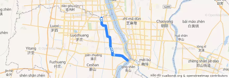 Mapa del recorrido 105路 de la línea  en 罗庄区 (Luozhuang).