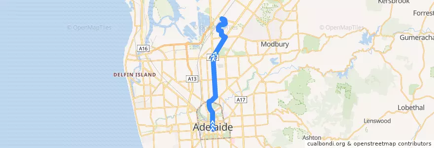 Mapa del recorrido 222 - City (King William Street) to Mawson Lakes de la línea  en Adelaide.