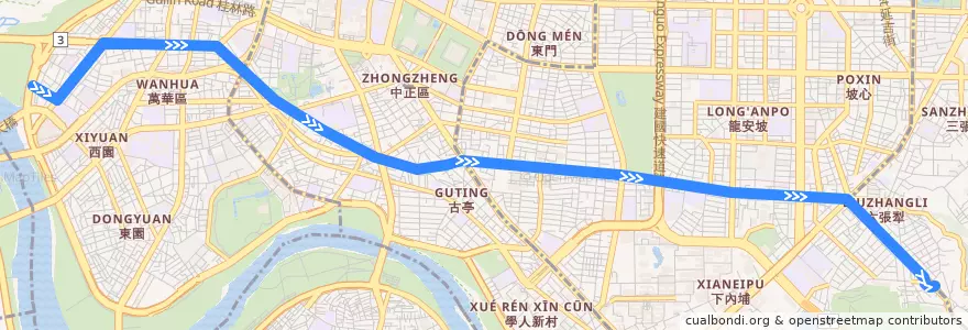 Mapa del recorrido 臺北市 568 萬華-捷運麟光站 (往程) de la línea  en Taipéi.