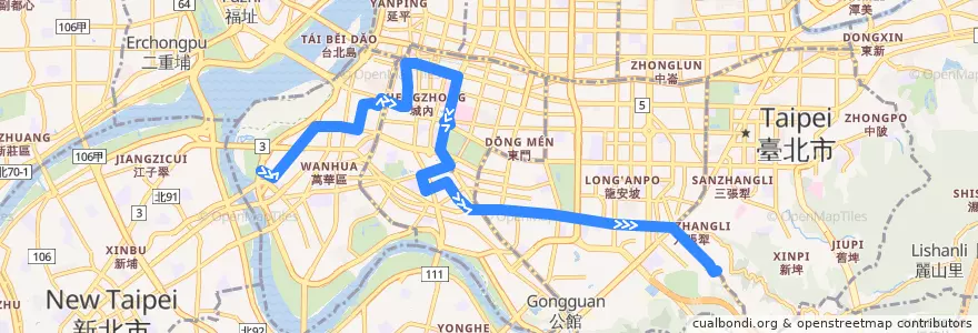 Mapa del recorrido 臺北市 18 萬華-麟光新村 (往程) de la línea  en Taipeh.