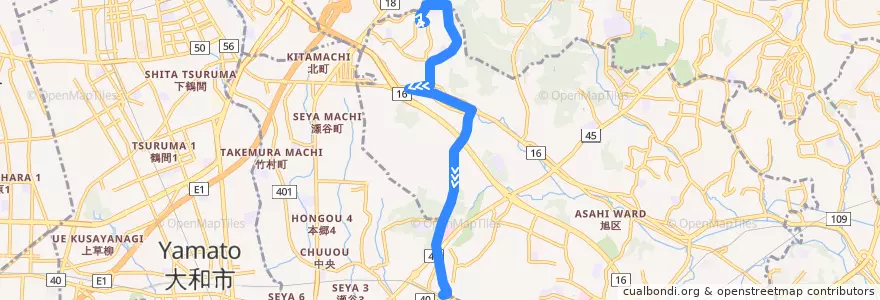 Mapa del recorrido 116系統(三ツ境駅→近隣公園→若葉台中央) de la línea  en 요코하마시.
