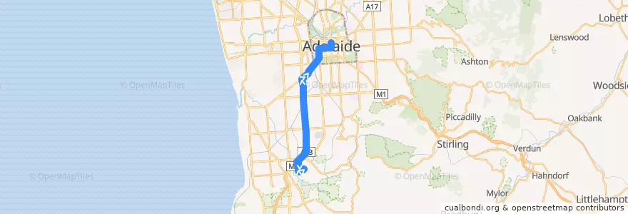 Mapa del recorrido Bus 719 - Flinders University to City via South Road de la línea  en Adelaide.