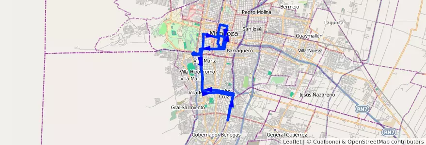 Mapa del recorrido 31 - Godoy Cruz - Centro de la línea G03 en Mendoza.