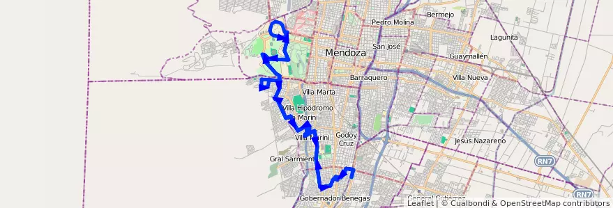 Mapa del recorrido 31 - Refuerzo B° Pablo VI - E.G.B.3 - Liceo Aguícola - U.N.C.  de la línea G03 en Mendoza.