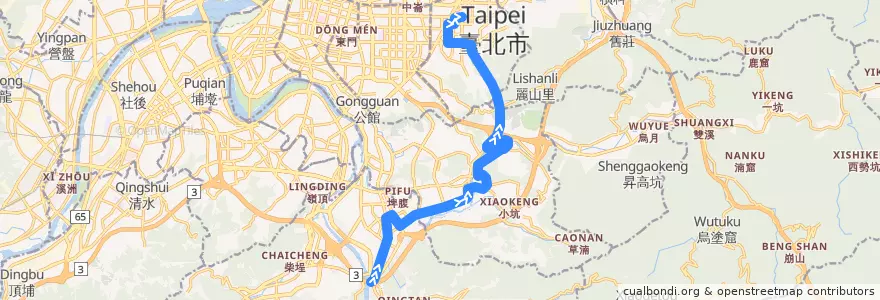 Mapa del recorrido 臺北市 綠1 (G1) 捷運新店站-捷運市政府站(去程) de la línea  en Nuevo Taipéi.