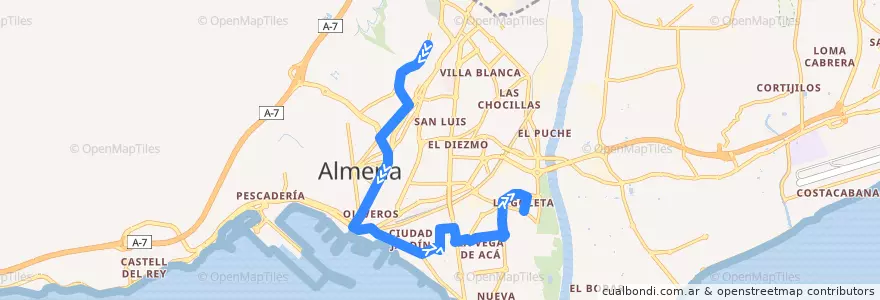 Mapa del recorrido L7: Piedras Redondas - La Goleta de la línea  en Almería.