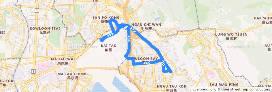 Mapa del recorrido KMB 5M (Kai Tak (Tak Long Estate) ↺ Kowloon Bay Station) de la línea  en Kowloon.