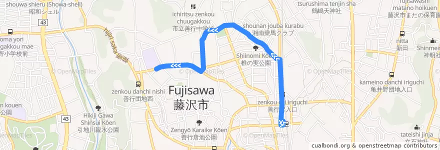 Mapa del recorrido 善行04系統 de la línea  en 藤沢市.