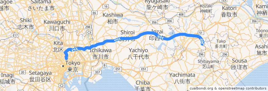 Mapa del recorrido 京成スカイライナー (下り) de la línea  en Japonya.