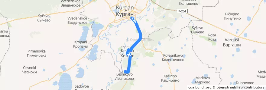 Mapa del recorrido 253 de la línea  en Kurgan Oblast.