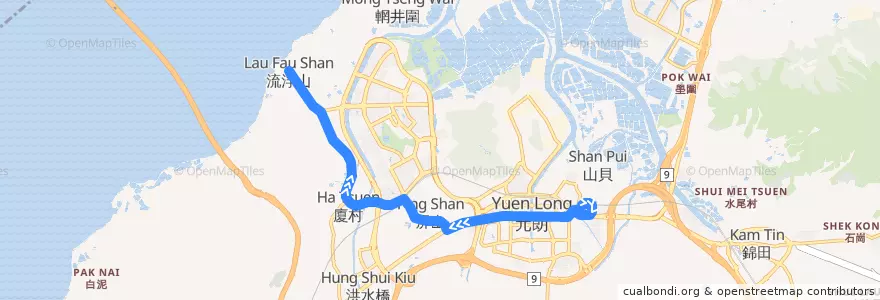 Mapa del recorrido 港鐵巴士K65綫 MTR Bus K65 (元朗站 Yuen Long Station → 流浮山 Lau Fau Shan) de la línea  en Yuen Long District.