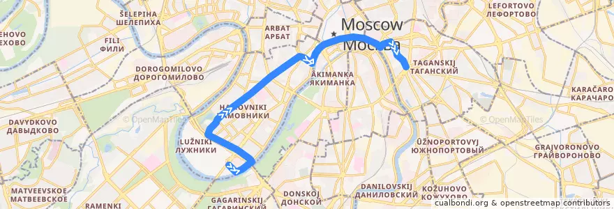 Mapa del recorrido Автобус 255: Стадион «Лужники» (южная) => Метро «Таганская» de la línea  en Центральный административный округ.
