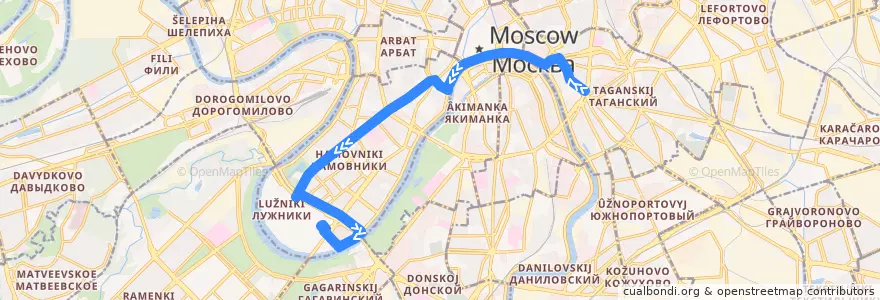 Mapa del recorrido Автобус 255: Метро «Таганская» => Стадион «Лужники» (южная) de la línea  en Центральный административный округ.