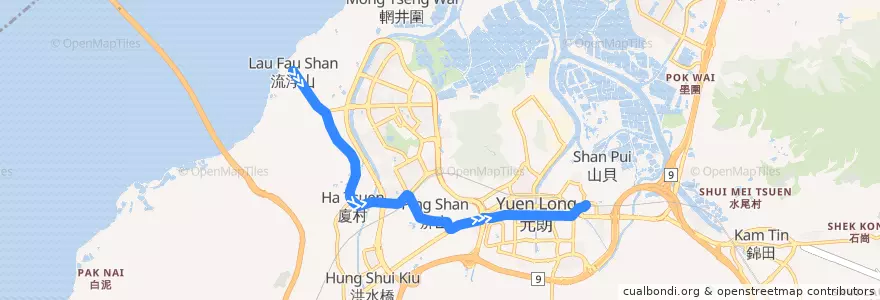 Mapa del recorrido 港鐵巴士K65綫 MTR Bus K65 (流浮山 Lau Fau Shan → 元朗（東） Yuen Long (East)) de la línea  en 元朗區 Yuen Long District.