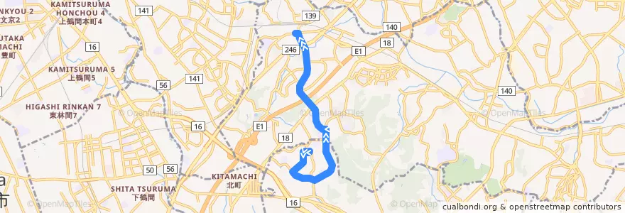 Mapa del recorrido 40: 若葉台中央 → 地区公園 → 長津田駅入口 de la línea  en 요코하마시.