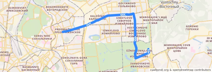 Mapa del recorrido Автобус 52: Южное Измайлово => Метро «Преображенская площадь» de la línea  en Östlicher Verwaltungsbezirk.