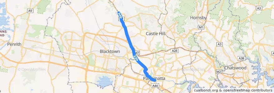 Mapa del recorrido Parramatta de la línea  en Sydney.