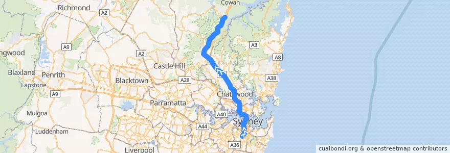 Mapa del recorrido North Shore Line de la línea  en Sydney.