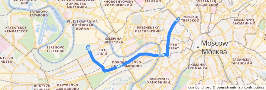 Mapa del recorrido Автобус т39: Фили => Метро «Маяковская» de la línea  en Москва.