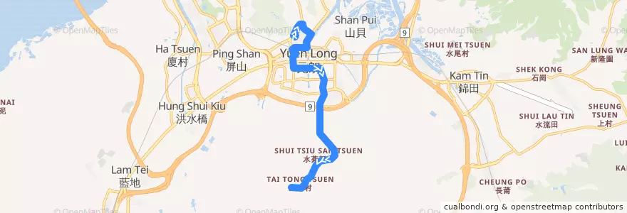 Mapa del recorrido 港鐵巴士K66綫 MTR Bus K66 (朗屏 Long Ping → 大棠 Tai Tong) de la línea  en 元朗區 Yuen Long District.