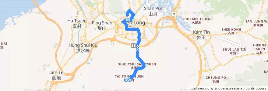 Mapa del recorrido 港鐵巴士K66綫 MTR Bus K66 (大棠 Tai Tong → 朗屏 Long Ping) de la línea  en 元朗區 Yuen Long District.