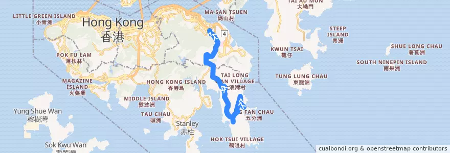 Mapa del recorrido 新巴9號線 NWFB 9 (石澳 Shek O → 筲箕灣 Shau Kei Wan) de la línea  en 홍콩섬.