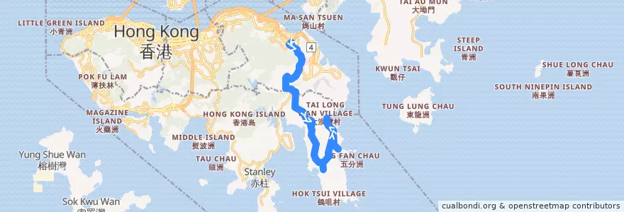 Mapa del recorrido 新巴9號線 NWFB 9 (筲箕灣 Shau Kei Wan → 石澳 Shek O (經大浪灣 via Big Wave Bay)) de la línea  en Pulau Hong Kong.
