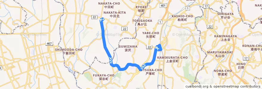 Mapa del recorrido 戸塚60系統 de la línea  en Yokohama.