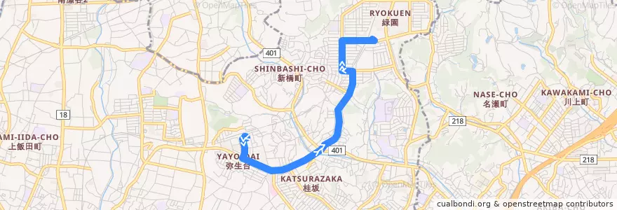 Mapa del recorrido 弥01: 弥生台駅 → 緑園都市駅 de la línea  en 泉区.