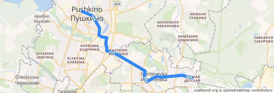Mapa del recorrido Автобус 22: Ивантеевка (микрорайон Детская) => Пушкино (станция Пушкино) de la línea  en 莫斯科州.