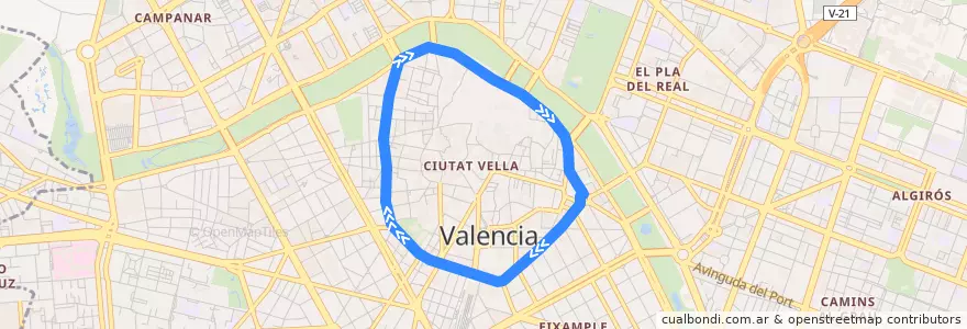 Mapa del recorrido Bus 5: Interior de la línea  en Comarca de València.