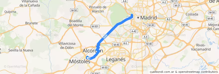 Mapa del recorrido Bus 511: Alcorcón - Madrid de la línea  en Área metropolitana de Madrid y Corredor del Henares.