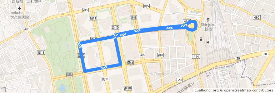Mapa del recorrido CH01 (都庁循環) de la línea  en Shinjuku.