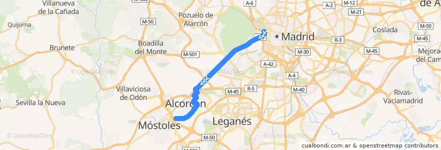 Mapa del recorrido Bus 511: Madrid - Alcorcón de la línea  en Área metropolitana de Madrid y Corredor del Henares.