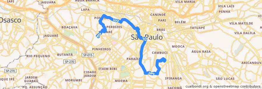 Mapa del recorrido 407M-10 Vila Monumento de la línea  en São Paulo.