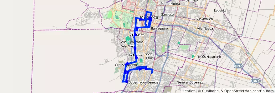 Mapa del recorrido 32 - B° Estanzula - Centro  de la línea G03 en Mendoza.