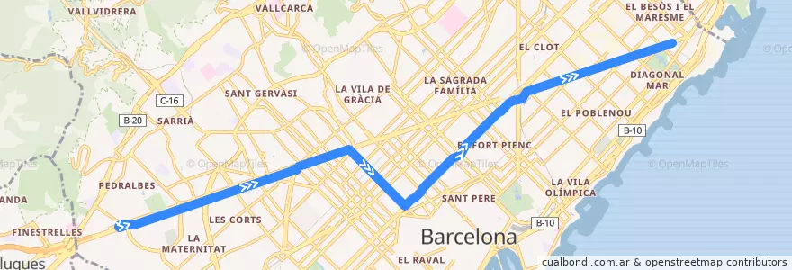 Mapa del recorrido 7: Zona Universitària => Fòrum de la línea  en Барселона.