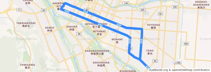 Mapa del recorrido [1]東光・曙線（外回り） de la línea  en 旭川市.