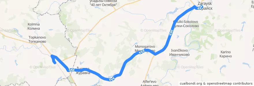 Mapa del recorrido Автобус №62: Зарайск - Журавна - Богатищево de la línea  en городской округ Зарайск.