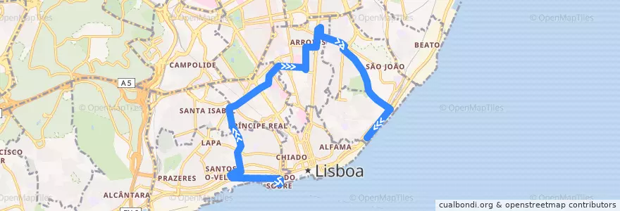 Mapa del recorrido Bus 706: Cais do Sodré → Santa Apolónia de la línea  en Lisboa.