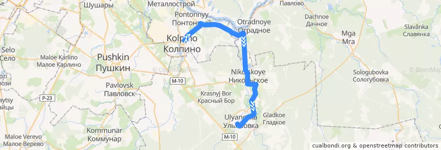 Mapa del recorrido Автобус № 438: Колпино, Ленинградская улица => ж/д станция Саблино de la línea  en Leningrad oblast.