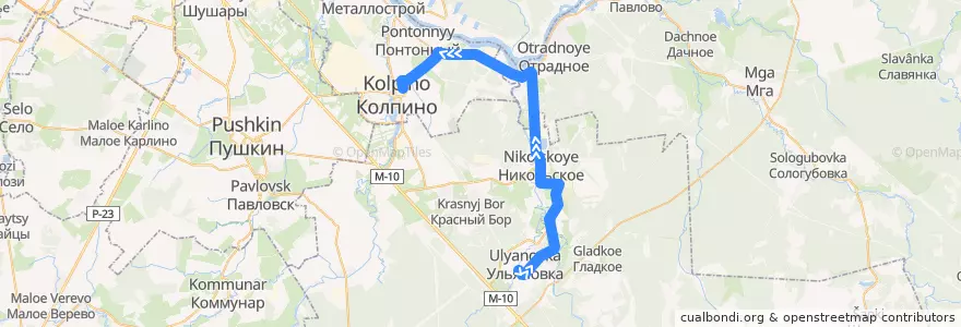 Mapa del recorrido Автобус № 438: ж/д станция Саблино => Колпино, Ленинградская улица de la línea  en Oblast Leningrad.