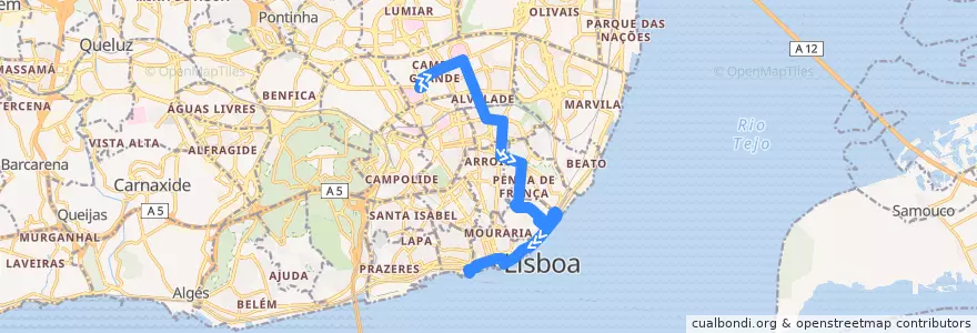 Mapa del recorrido Bus 735: Hospital de Santa Maria → Cais do Sodré de la línea  en Großraum Lissabon.
