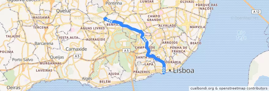 Mapa del recorrido Bus 758: Cais do Sodré → Portas de Benfica de la línea  en Lisbon.